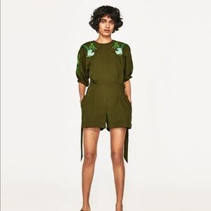 Zara Green Embroidered Floral Romper Size XS